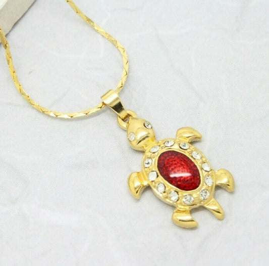 Vintage 1980s Gold Plated and Red Enamel Crystal Tortoise Necklace