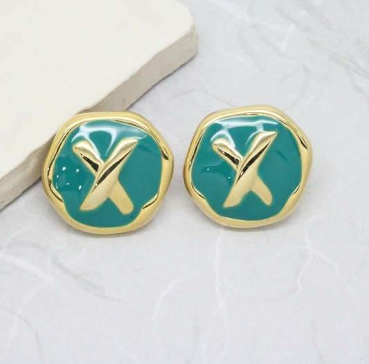 Stylish Vintage 1980s Gold Plated and Teal Enamel Stud Earrings