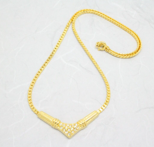 Vintage 1980s Gold Plated Rhinestone Flat Link Collar Necklace