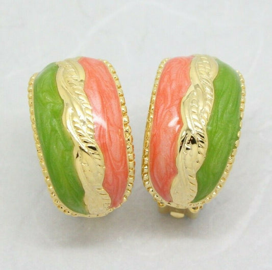 Vintage 1980s Enamel Half Hoop Gold Plated Statement Clip-On Earrings