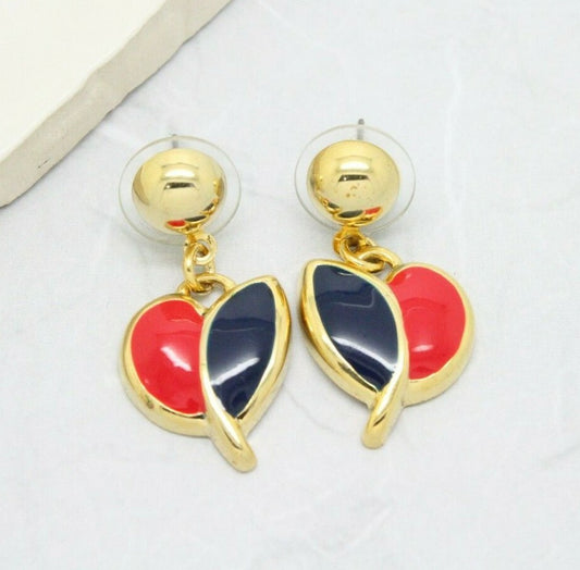Vintage 1980s Gold Plated Red and Blue Enamel Dangly Stud Earrings