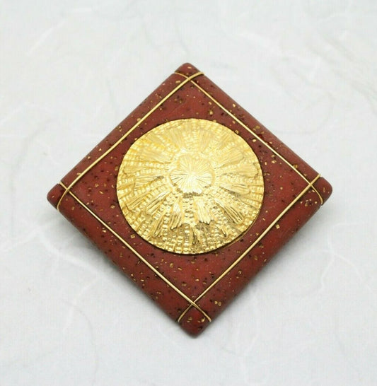 Superb Vintage Geometric Plastic and Decorative Gilt Metal Brooch