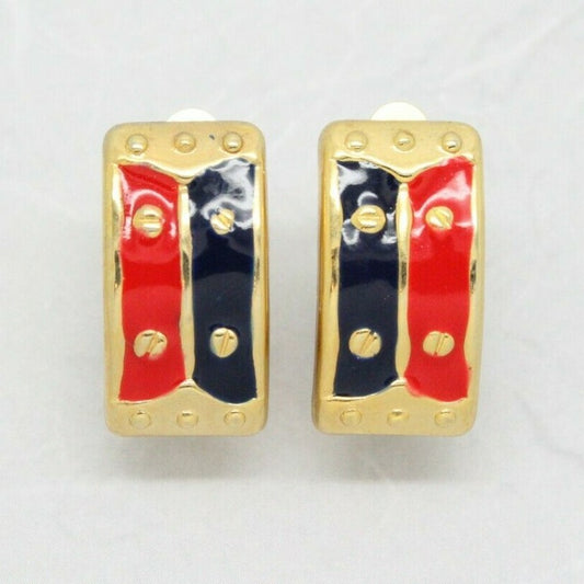 Stylish 1980s Red and Navy Blue Enamel Oblong Bar Clip On Earrings