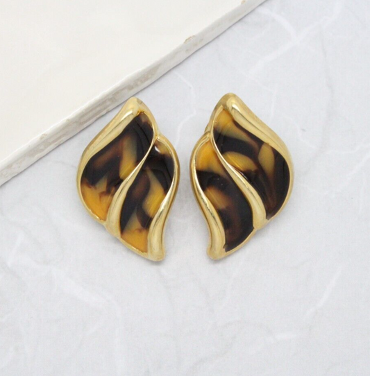 Vintage 1980s Faux Tortoise Shell Enamel Gold Plated Stud Earrings