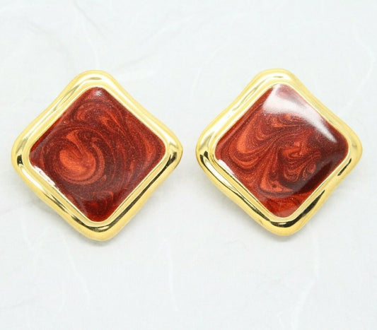 Statement Vintage 1980s Gold Plated Square Enamel Clip On Earrings