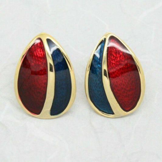 Stunning Vintage 1980s Red Blue Enamel Gold Plated Earrings