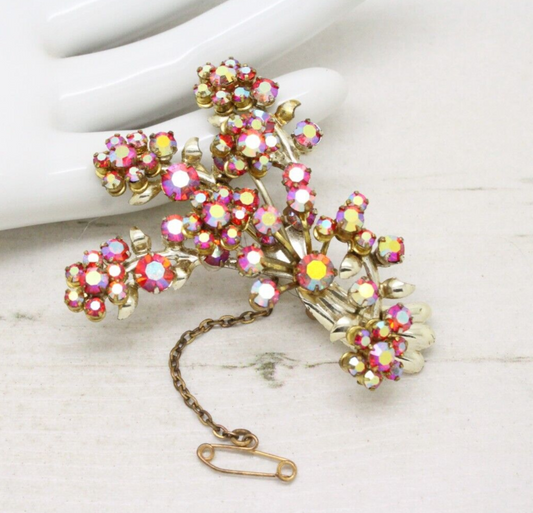 Vintage 1960s Red Rhinestone Crystal Flower Spray Brooch