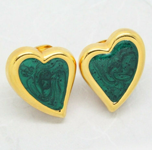 Stylish Vintage Green Enamel Gold Plated Heart Shape Clip-On Earrings
