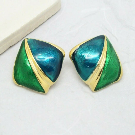 Vintage 1980s Jeweled Green & Blue Enamel Gold Plated Clip On Earrings