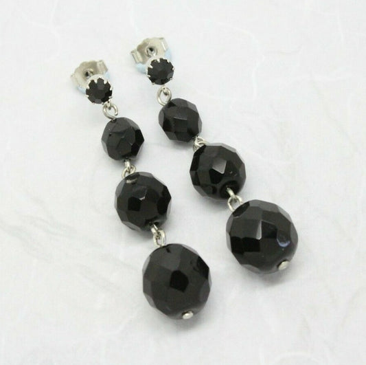 Stunning Vintage Faceted Black Glass Silver Drop Earrings