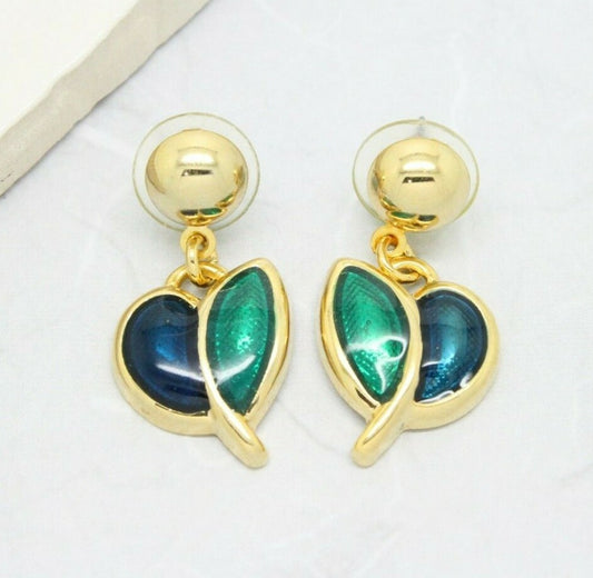 Vintage 1980s Gold Plated Blue and Green Enamel Dangly Stud Earrings