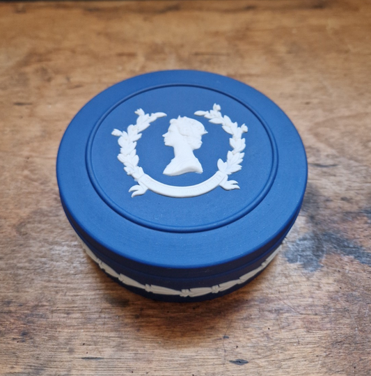 Vintage Wedgwood Portland Blue Jasperware Lidded Box Queen Elizabeth Jubilee