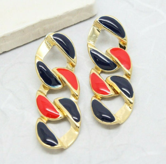 Vintage 1980s Enamel Red and Blue Curb Link Drop Earrings
