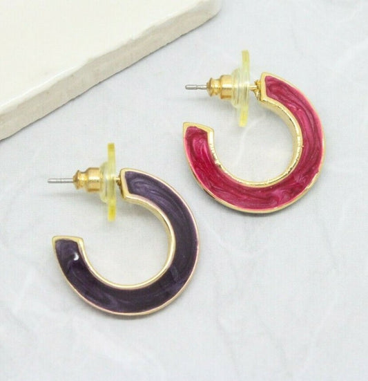 Stylish Vintage Reversible Purple Enamel Gold Hoop Earrings