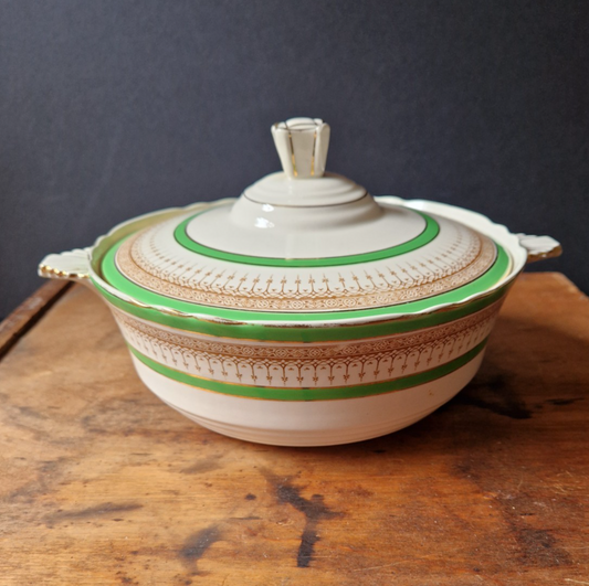 Vintage Antique Art Deco Green Banded Bridgwood England Lidded Tureen Bowl
