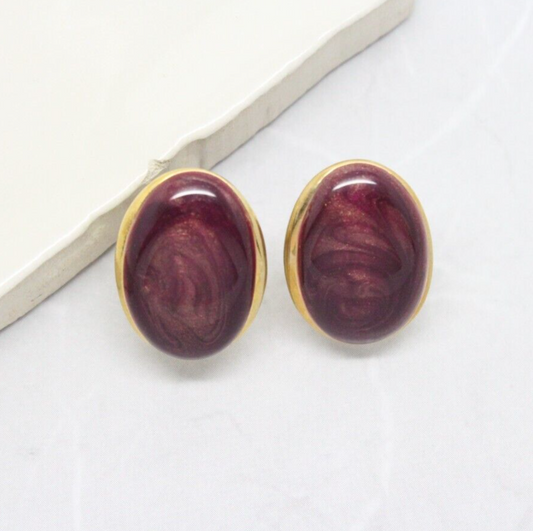 Vintage 1980s Gold Plated and Purple Marble Swirl Enamel Stud Earrings
