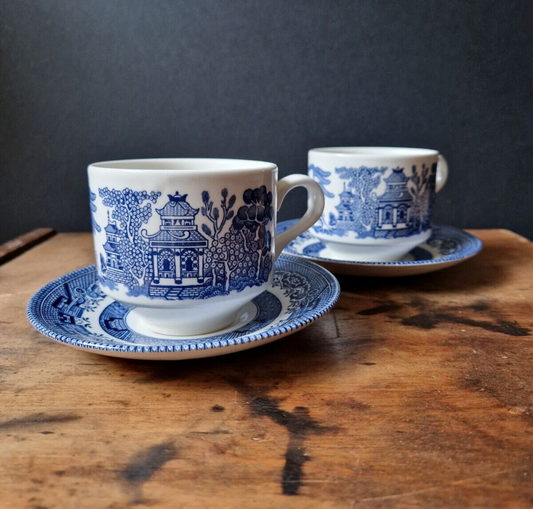 Vintage Churchill Blue & White Cups and Saucers x 2
