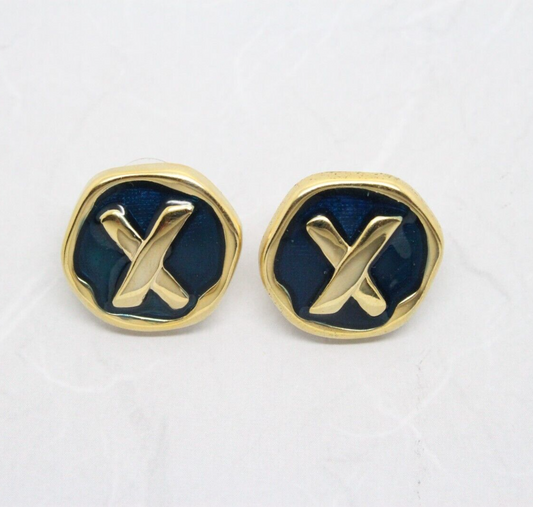 Stunning Vintage 1980s Gold Plated Dark Blue Enamel Stud Earrings