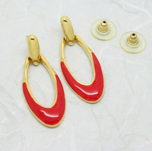 Stylish Vintage Gold Plated Red Enamel Drop Pendent Earrings