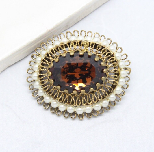 Beautiful Vintage Czech Amber Glass & Seed Pearl Rhinestone Brooch