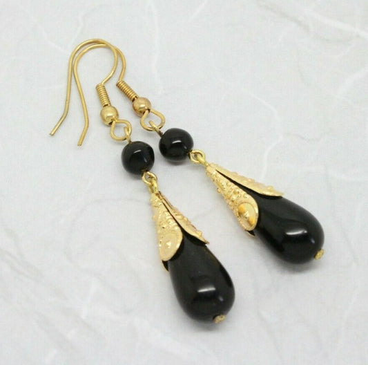 Stylish Vintage Deco Black Glass Gold Plated Drop Earrings
