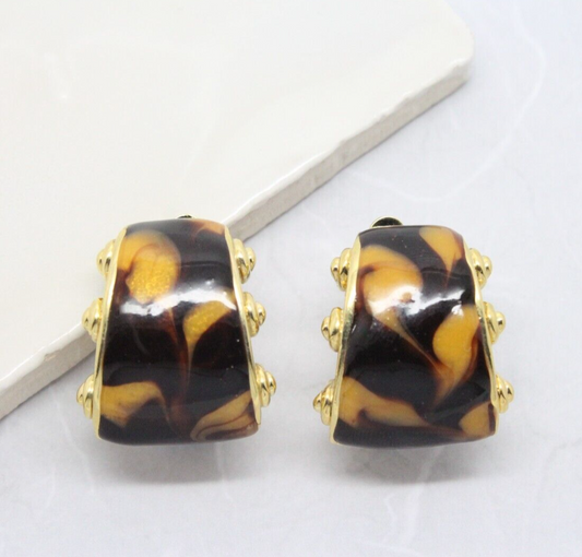 Statement Vintage 1980s Half Hoop Gold Plated Amber Enamel Clip On Earrings