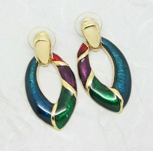 Beautiful Gold Plated Enamel Tear Drop Pendent Earrings (Pierced)
