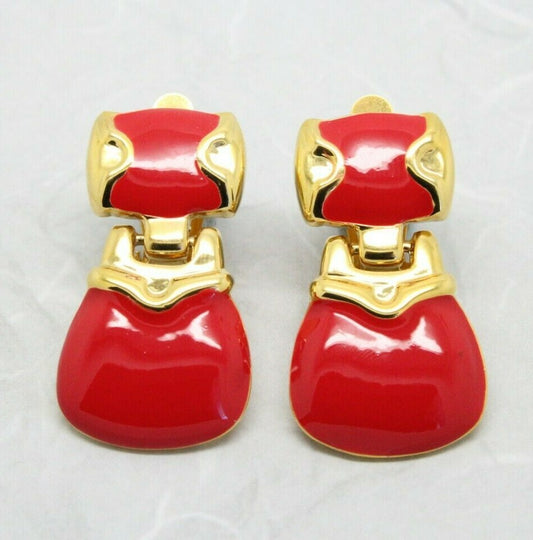 Stunning 1980s Vintage Red Enamel Door Knocker Drop Clip On Earrings