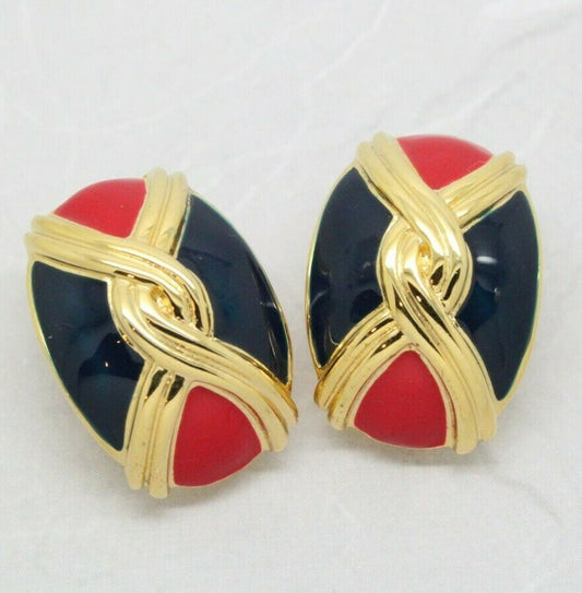 Vintage 1980s Red & Blue Enamel Gold Plated Statement Clip-On Earrings