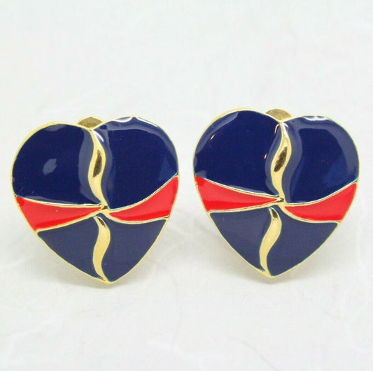 Vintage 1980s Blue Enamel Gold Plated Heart Shape Clip On Earrings