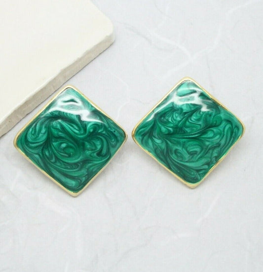 Statement Vintage 1980s Gold Plated Square Green Enamel Earrings