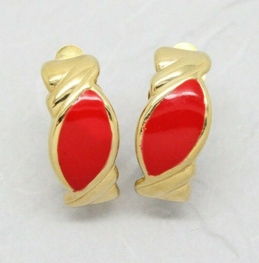 1980s Vintage Half Hoop Red Enamel Gold Plated Drop Clip On Earrings