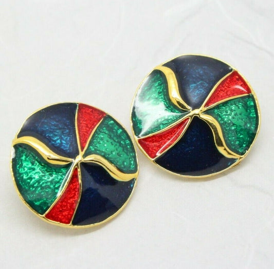 Vintage 1980s Red Blue & Green Enamel Lollipop Round Clip On Earrings