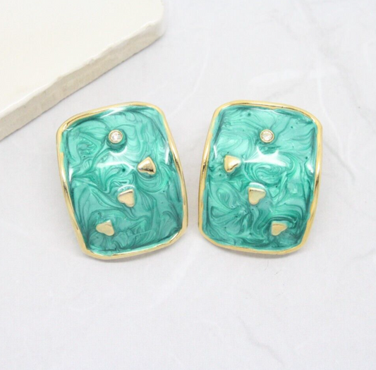 Vintage 1980s Crystal Gold Plated Green Enamel Square Clip On Earrings