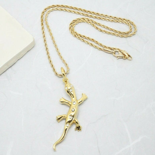 Vintage 1980s Gold Plated Crystal Rhinestone Lizard Gecko Necklace