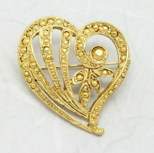 Vintage 1980s Gold Marcasite Leaf Shaped Heart Brooch