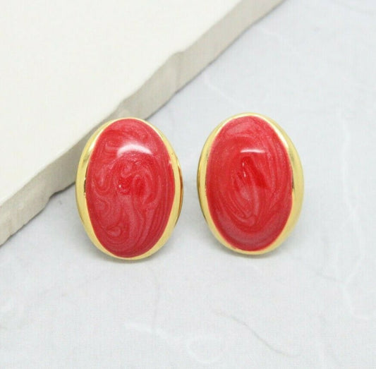 Vintage 1980s Gold Plated Rosewood Pink Marble Swirl Enamel Earrings