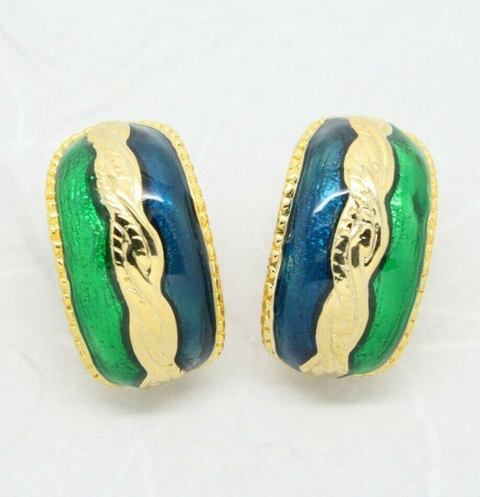 Statement Vintage 1980s Peacock Blue Green Enamel Half Hoop Clip On Earrings