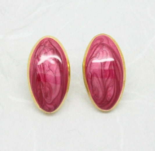 Vintage 1980s Pink Enamel Long Oval Gold Plated Earrings