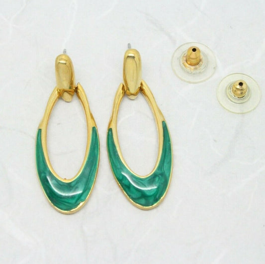 Vintage 1980s Gold Plated Green Enamel Drop Pendent Earrings