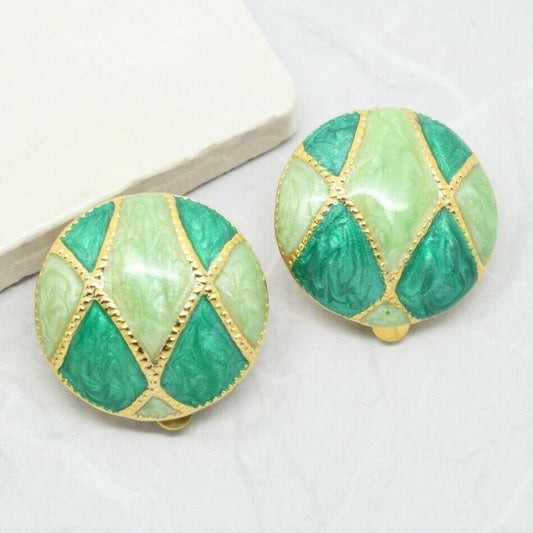 Vintage 1980s Pastel Green Enamel Gold Plated Round Clip On Earrings