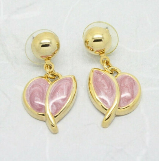 Pretty Vintage Enamel Flower Petal Drop Gold Plated Earrings