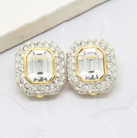 Vintage 1980s Cushion Cut Crystal Gold Clip On Earrings