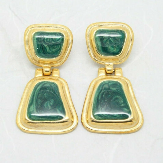 Vintage 1980s Green Enamel Gold Door knocker Drop Earrings