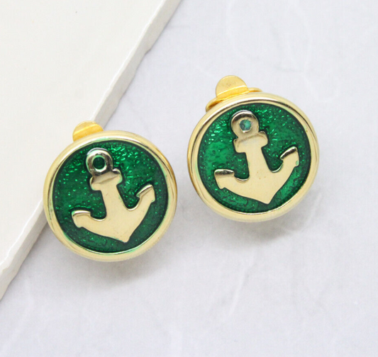 1980s Vintage Green Enamel Gold Plated Anchor Circle Clip On Earrings