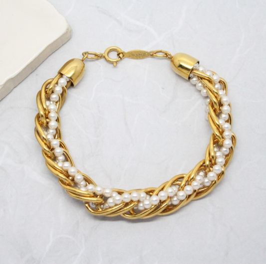 1980s Vintage Signed Napier Pearl Yellow Gold Plated Rope Bracelet