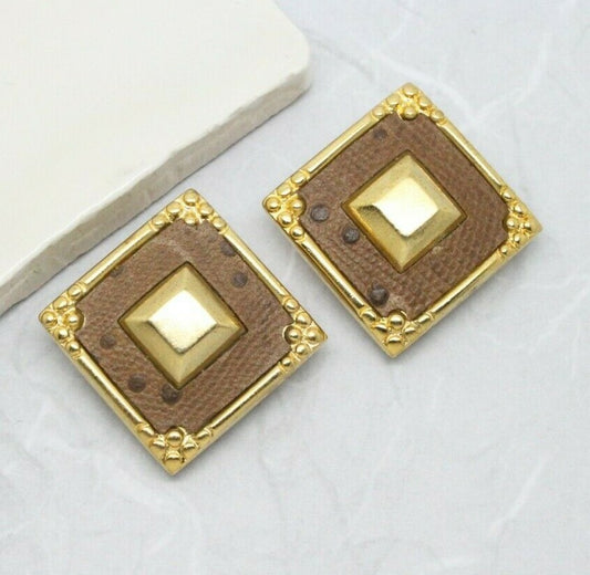 Stylish Vintage 1980s Faux Leather Gold Etruscan Clip On Earrings