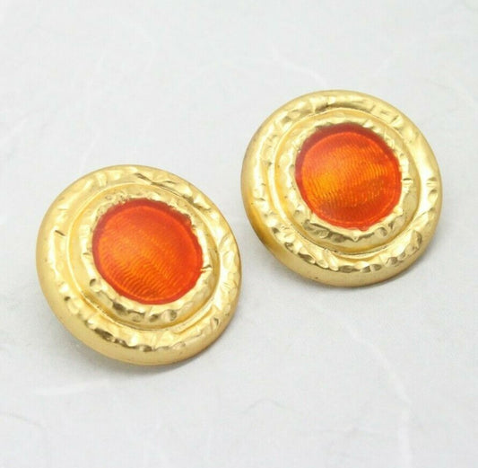 Stylish Vintage Orange Enamel Matt Gold Plated Round Earrings