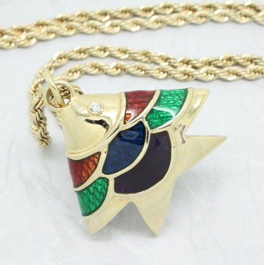 Vintage 1980s Abstract Angelfish Modernist Style Enamel Long Necklace
