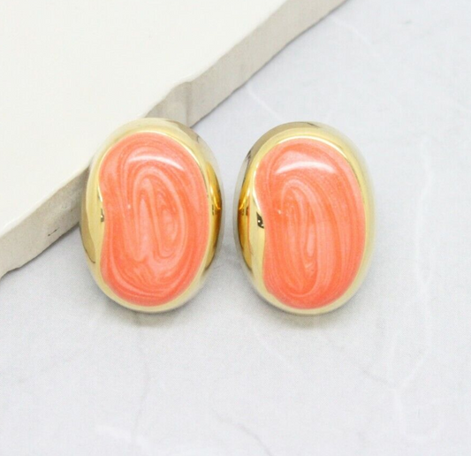 Vintage 1980s Gold Plated and Peach Marble Swirl Enamel Stud Earrings